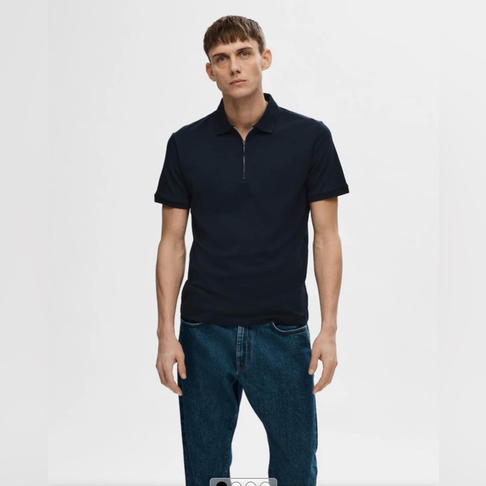 Selected Homme Blue Quarter Zip Short Sleeve Polo Shirt